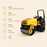 Compacteur à tambour vibrant autoporté ROADWAY RWYL82 de 3 tonnes avec moteur diesel Yanmar, pneus en caoutchouc et tambour de 700 mm pour pompe hydraulique