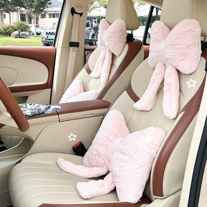 Ensemble complet de housses de siège auto en peluche avec coussin à nœud, universelles pour sièges avant, toutes saisons, décoratives, avec support lombaire - Product Image 2