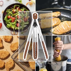 Eco-Friendly Creative Stainless Steel Wooden Black Walnut Olive Solid <b>BBQ</b> Salad Meat Garlic Fry Food Tongs With a Buckle - Product Image 6