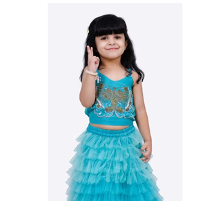 Top Elaisha sin mangas con bordado y malla, con lehenga de malla - Azul - Product Image 1