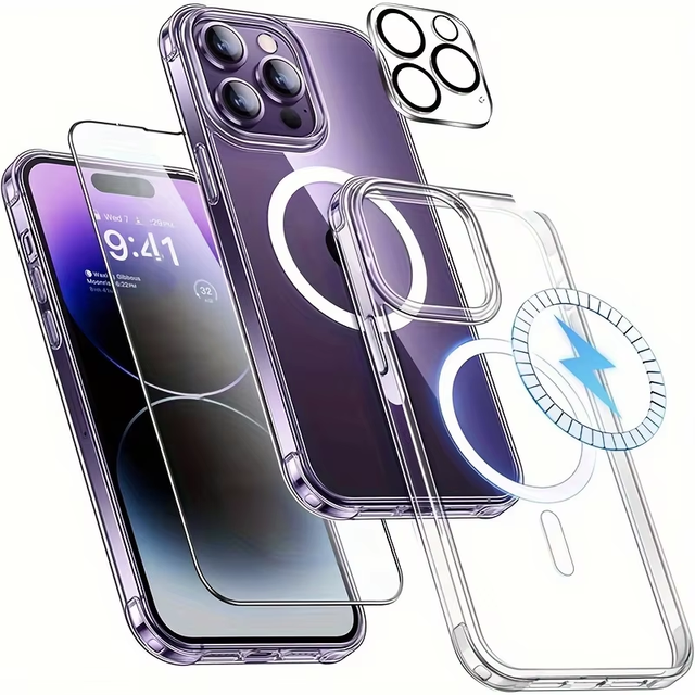 3 in 1 Transparent Magnetic Phone Case for iPhone 17 16 15 14 Pro Max Camera Lens Film Hardness Tempered Glass Screen Protector
