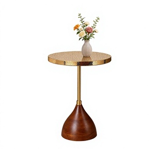 Modern <b>Round</b> Brass Top <b>Coffee</b> <b>Table</b> with Wood Base Midcentury Design Living Room Furniture Decorative Home Accent - Product Image 4