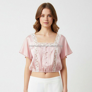 Blusa <span class=keywords><strong>de</strong></span> Satén con Encaje Recortado Personalizada para Mujer, Top Vintage Estilo Boudoir - Product Image 1