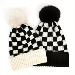Women Autumn Winter Checkerboard Patterned Woolen Ball Knitted Hat Custom Warm Soft Ear Protection Winter Cap <strong>Pom</strong> <strong>Pom</strong> <strong>Beanie</strong> - Product Image 1