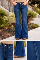 Jean évasé taille mi-haute pour femme, bleu foncé délavé, coupe slim, patte d'éléphant, surpiqûres contrastantes dorées, style vintage années 70