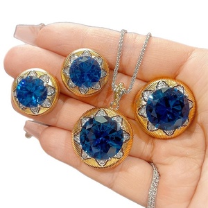 Fashion Eco-friendly Copper Wedding Necklace <b>Sets</b> for Women Jewelry 16-12mm Blue Round Zircon Bridal Pendant Earrings <b>Set</b> Tu - Product Image 2