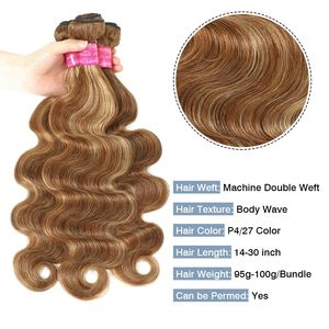 P4/27 Cabello Humano Pre-Adherido con <span class=keywords><strong>Mechas</strong></span> Rubio Miel Ondulado, 100% Cabello Virgen Brasileño Sin Procesar para Castaños, 3 Paquetes Negro - Product Image 1