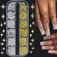 12 Grilles de Breloques pour Nail Art en Alliage Or et Argent, Motifs Étoile, Clous Métalliques, Paillettes Hexagrammes, Croix, Décorations DIY pour Manucure et Ongles à Presser
