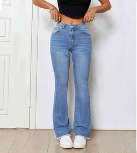 Pantalon <span class=keywords><strong>Jean</strong></span> Flare <span class=keywords><strong>Femme</strong></span> Taille Haute Bleu Clair Délavé Jambes Larges Longueur Cheville Chine Vente en Gros - Product Image 1