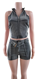 Ultimo Design: Set di Jeans da <span class=keywords><strong>Donna</strong></span> Lavati in Khaki e Nero, Top Senza Maniche con Cerniera e Pantaloncini in <span class=keywords><strong>Denim</strong></span>, Completo 2 Pezzi - Product Image 5