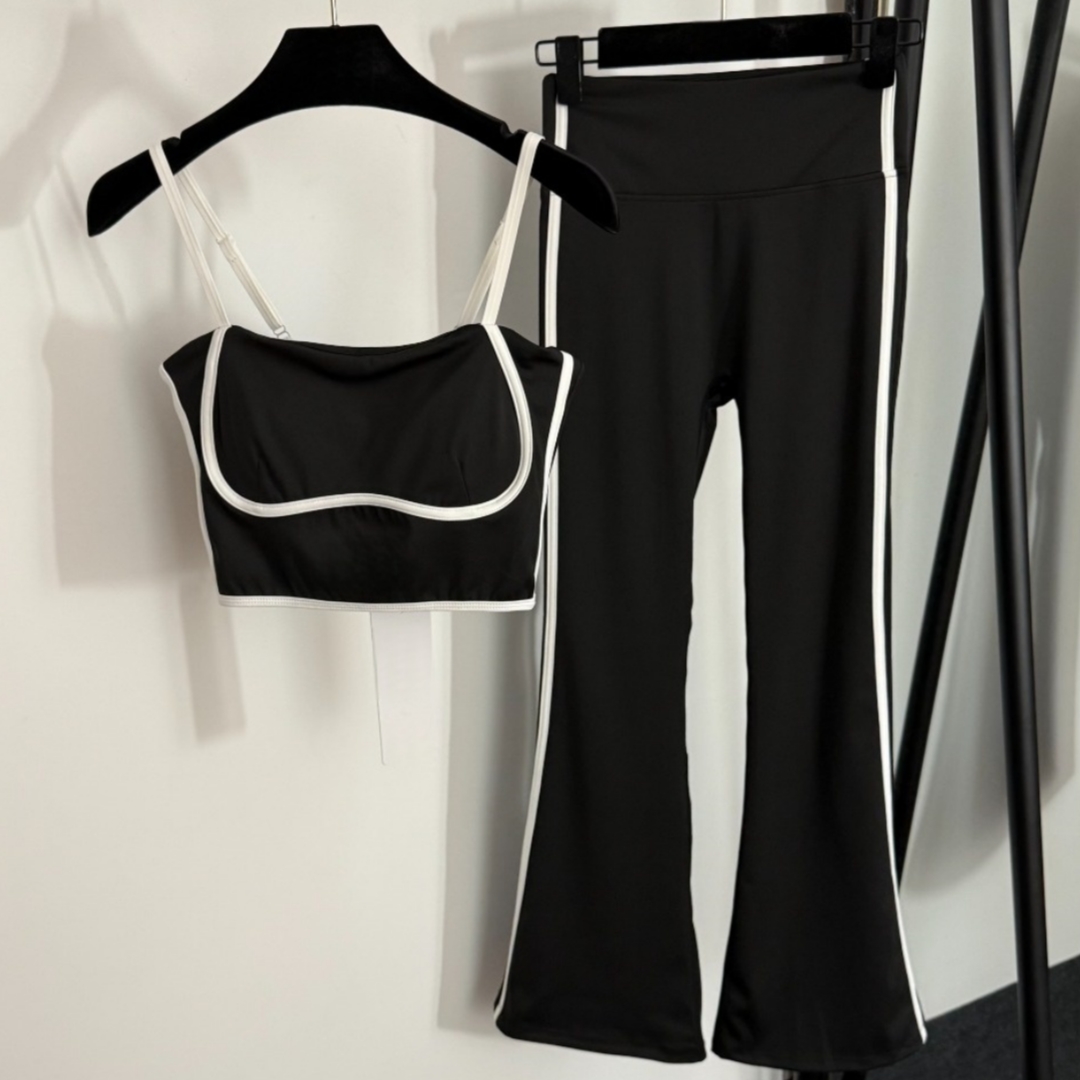 Women's Breathable Yoga Sports Suit Color-block High Waist Elastic Flared Leg Trousers