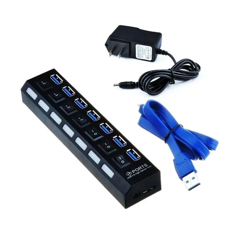 7-портовый USB-концентратор 3,0 данных с индивидуальным переключателем включения/выключения и светодиодными лампами портативный многопортовый разветвитель USB-концентратор удлинитель для настольных ПК