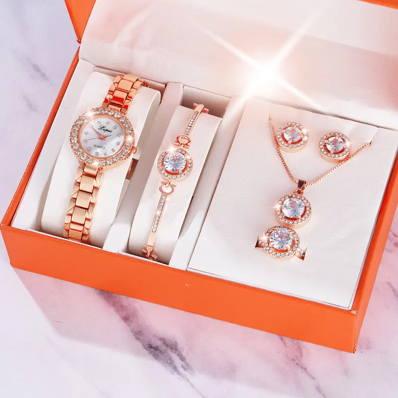Wholesale 6PCS Watch Set Women Luxury Fashion Rose Gold Quartz Wristwatch Famous Brand Jewelry Watches For Lady girl gift