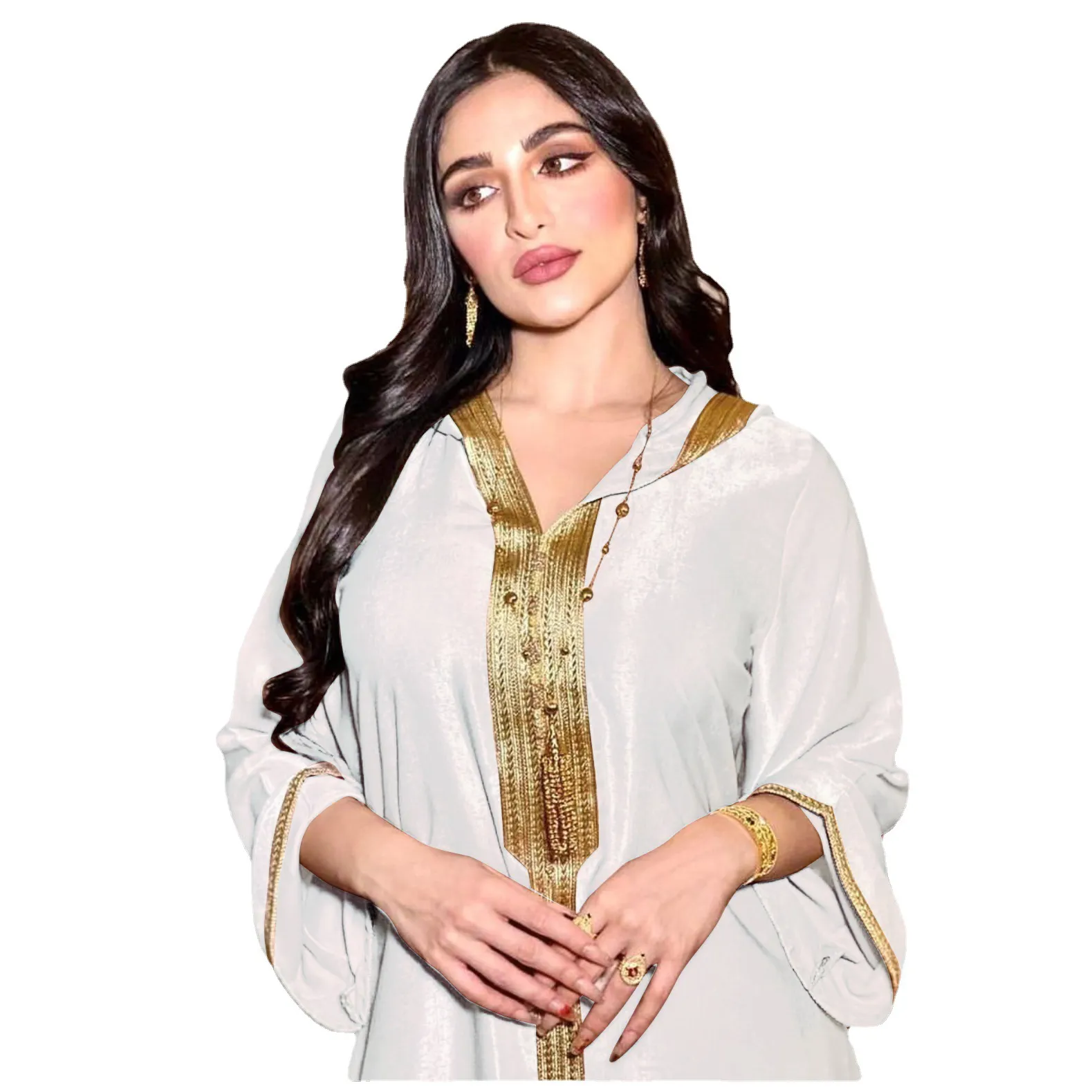Şampanya beyaz yeşil dubai abaya jalabiya kapşonlu maxi elbise uzun kollu İslam müslüman kadınlar fas kaftan arabturkey elbise