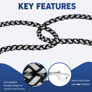 Nouvelle laisse pour chien en corde de polyester tressée à la main, réfléchissante <span class=keywords><strong>et</strong></span> personnalisée, avec clip de sécurité verrouillable, anti-emmêlement <span class=keywords><strong>et</strong></span> poignée rembourrée - Product Image 2
