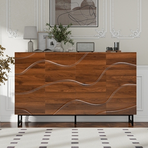 Buffet/Credenza moderne du milieu du siècle en noyer, sculpté géométriquement, avec pieds en métal, meuble de rangement polyvalent pour salon et salle à manger - Product Image 1