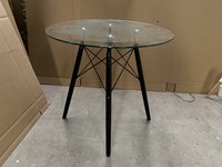 Table de restaurant moderne avec plateau en verre trempé rond pour 4 chaises, pieds en bois, salle à manger, cuisine, table à manger en verre transparent