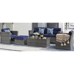 7 Pieces Outdoor Patio Furniture Set Outdoor Sectional Conversation Set Wicker Rattan Sofa Set Glass Table And Ottomans