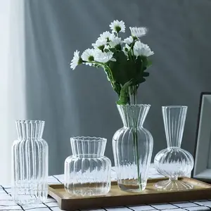 Table Decoration Small Recycled Nordic Single Glass Bud Flower Vase Set Bulk Mini Ribbed Glass Bud Vases In Bulk For Flowers