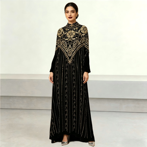 Abaya <span class=keywords><strong>de</strong></span> luxe en mousseline noire pour femme, broderie dorée, col montant, manches longues, style Dubaï, Kaftan, robe <span class=keywords><strong>de</strong></span> soirée longue <span class=keywords><strong>musulmane</strong></span> modeste, ODM - Product Image 1