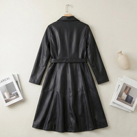 Manteau trench en peau de mouton pour femme, noir, col à revers, double boutonnage, ceinturé, évasé, mi-long, élégant, en cuir