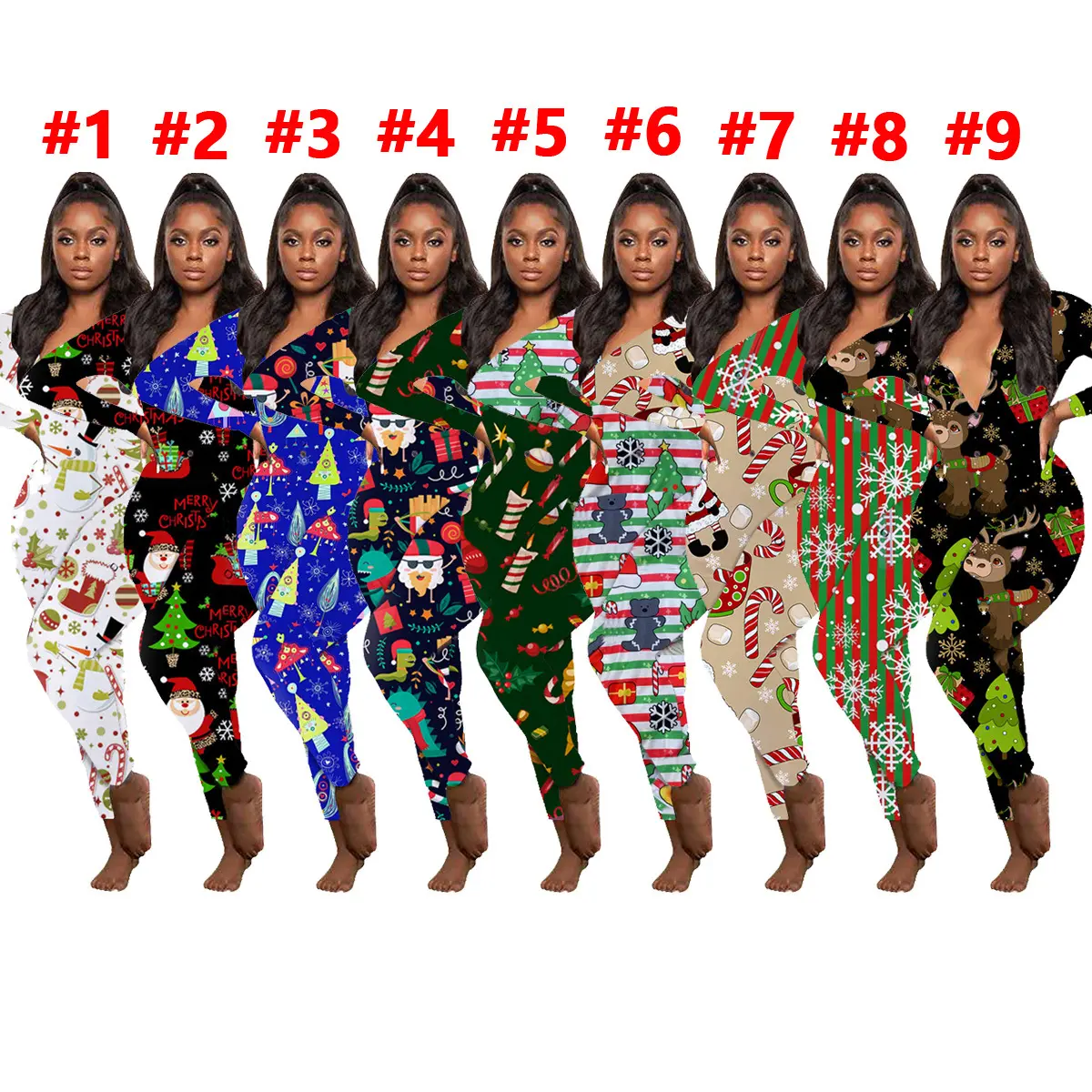 Impreso manga larga Navidad Onesie pijamas manga larga monos mameluco ropa de dormir ropa de Navidad para mujer
