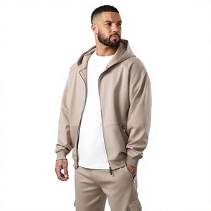 Ensemble de survêtement beige à capuche pour homme, manches longues, couleur unie, tenue décontractée de jogging avec poches latérales, coupe régulière, pour l'automne - Product Image 1
