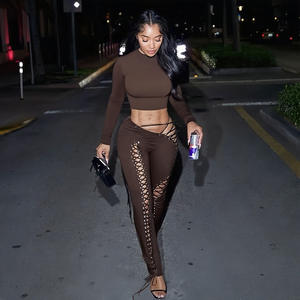 Toptan Yüksek Kalite Sonbahar Kadın 2 Parça Uzun Kollu Bağcıklı Seksi Fitness Pantolon Takımı - Product Image 5