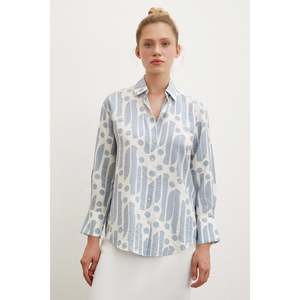 Modern Pattern Modal Shirt Women's Button <b>Down</b> Cut Out Poplin Indigo Everyday Wear - Product Image 4