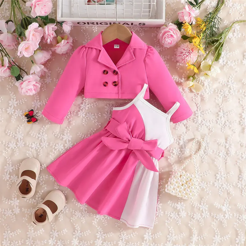 2024 Toddler Girls Clothing Sets Costurado Suspender Vestido com Terno Casaco Jaqueta Two Piece Dress Set Bow Fashion Baby Girl Dress