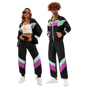Survêtement rétro disco hip-hop des années 80 unisexe noir avec rayures violet menthe, vêtements de danse respirants, costume pour adulte - Product Image 1
