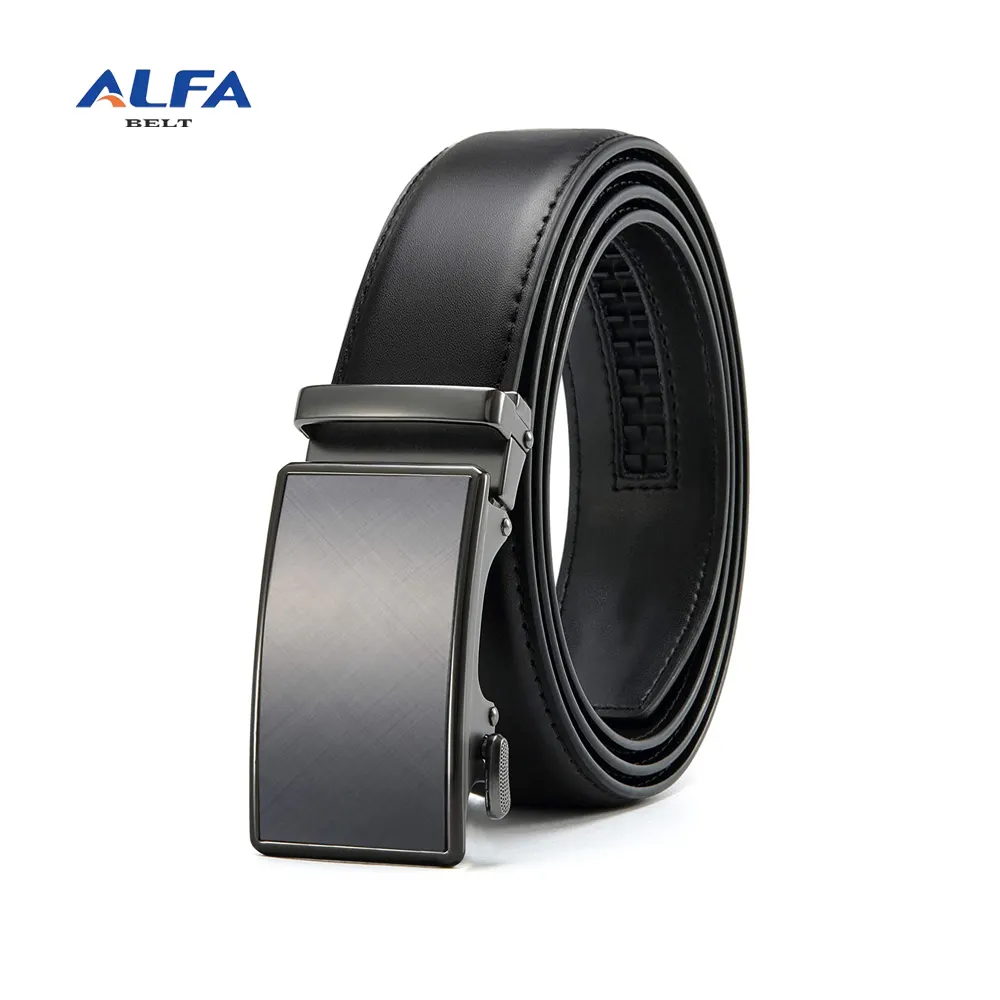 Alfa Adjustable Men Ratchet Belt Dress 1 3/8" Genuine Leather Jeans Automatic Buckles Belt With Easier Slide Buckle