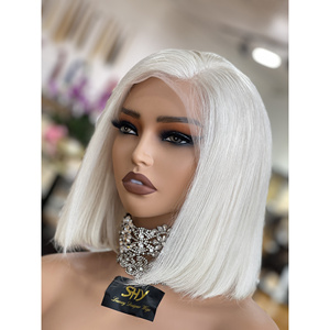 SHY Charisma # Pelucas de Cabello Virgen Rubio Platino 60, con Frente de Encaje Transparente, para Mujer, Estilo Bob Corto y Grueso, Cabello Ondulado - Product Image 6