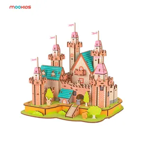 Quebra-cabeças de madeira 3D castelo imaginário ecológico unissex bloco de construção educacional brinquedo DIY para crianças e crianças
