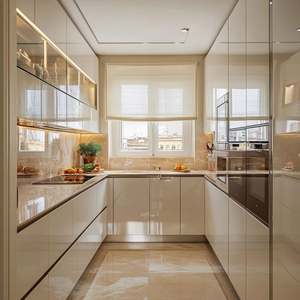 Muebles de Cocina Modernos en Gris Claro Brillante de PET sin Gabinetes Superiores, Remodelación de Cocina, Puerta de Madera, Mesas de Comedor Modernas, Mueble de Cocina de Madera - Product Image 2