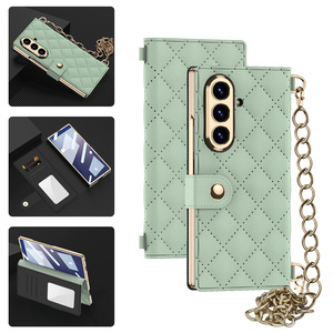 Étui de luxe pour <span class=keywords><strong>Samsung</strong></span> Z Fold 7, motif quadrillé haut de gamme, <span class=keywords><strong>avec</strong></span> porte-cartes, <span class=keywords><strong>coque</strong></span> à rabat en cuir, sacoche à <span class=keywords><strong>chaîne</strong></span> - Product Image 2