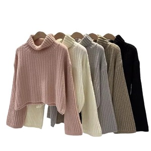 Pull col roulé côtelé pour femme 100% coton coupe ample taille unique couleur unie automne hiver tricot décontracté gris blanc - Product Image 5