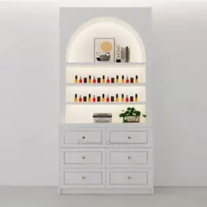 Espositore per Smalti in Legno Bianco Lucido su Misura, Moderno con LED Integrati e Cassetto Portaoggetti per Saloni di Bellezza - Product Image 1
