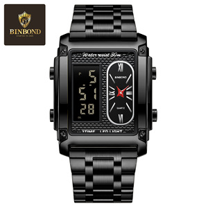 Binbond Square Dual Display Electronic Watch Men Waterproof Stainless Steel Strap Quartz Watch 14mm Folding Clasp - Product Image 5