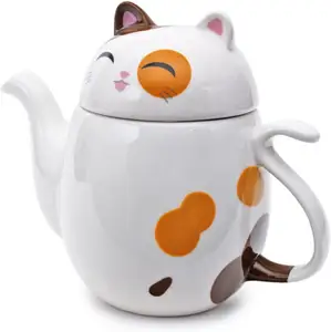 6 Inch 22 Oz Gelukkige Japanse Schattige Kattenkeuken Oosterse Keukengerei Keramische Theepot Met Infuser