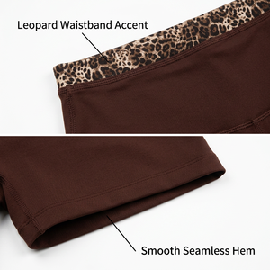 Conjunto de Yoga Premium Transpirable para Mujer, Color Marrón Espresso, con Detalles de Estampado de Leopardo, Cuello en V, Tirantes Dobles, Sujetador Deportivo, Pantalones Cortos de Cintura Alta - Product Image 6