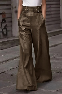 <span class=keywords><strong>Pantaloni</strong></span> larghi svasati Casual a vita alta <span class=keywords><strong>in</strong></span> <span class=keywords><strong>pelle</strong></span> sintetica di alta qualità alla moda personalizzata <span class=keywords><strong>con</strong></span> cintura elastica e tasche larghe - Product Image 6