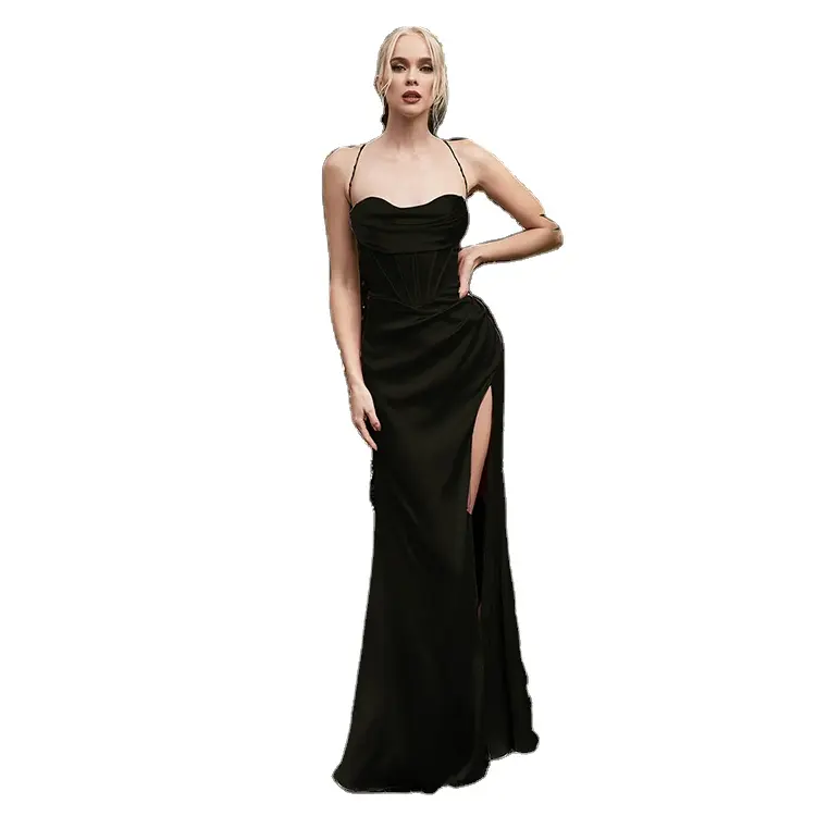 wholesale Satin Party Costume High Slit Sexy Party Dresses black fancy gown