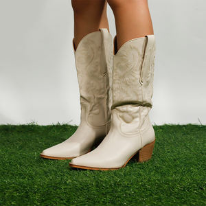 รองเท้าบูทแบบตะวันตกมีส้นหนาสำหรับผู้หญิง, รองเท้าบูทคาวบอยแฟชั่นสีขาวสำหรับผู้หญิงรองเท้าบูทหนัง PU หัวรองเท้าคุณภาพดี - Product Image 5