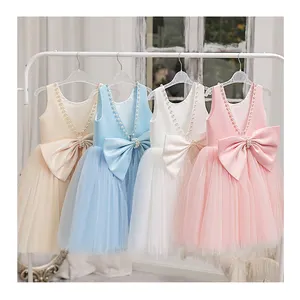 Benutzer definierte Luxus elegante Mädchen Prinzessin Kleid mit Schleife und Perlen Hochzeit Tüll Blume Mädchen Kleider Baby Party Kleid für Mädchen