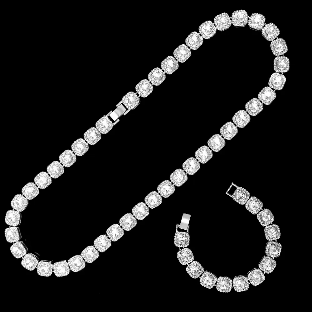 2022 Unisex Hip Hop collana bracciale Set di gioielli diamante pieno ghiacciato CZ quadrato Cluster collana catena da Tennis