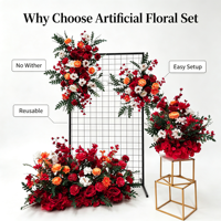 Ensemble de Décoration Florale Artificielle Rouge et Or pour Mariage, Composition Florale en Soie pour Fond en Maille, Décoration de Scène pour Fiançailles