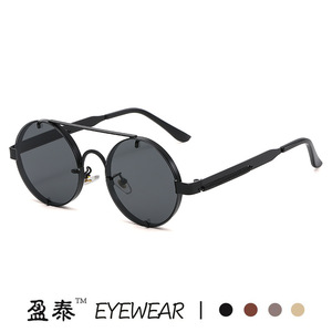 Retro <b>Round</b> <b>Frame</b> <b>Sunglasses</b> Metal Spring Temples Double Bridge Steampunk Style Men UV400 Protection Gold - Product Image 5