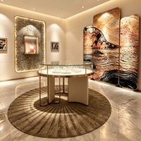 Vitrine de présentation de bijoux en verre rond, design moderne, avec support métallique, éclairage LED, niche murale, sur mesure