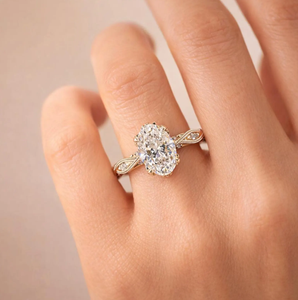 Bague de fiançailles et de mariage en diamant de laboratoire taille ovale, style Art Déco vintage, plaqué or rose platine, faite à la main, bague unique - Product Image 1